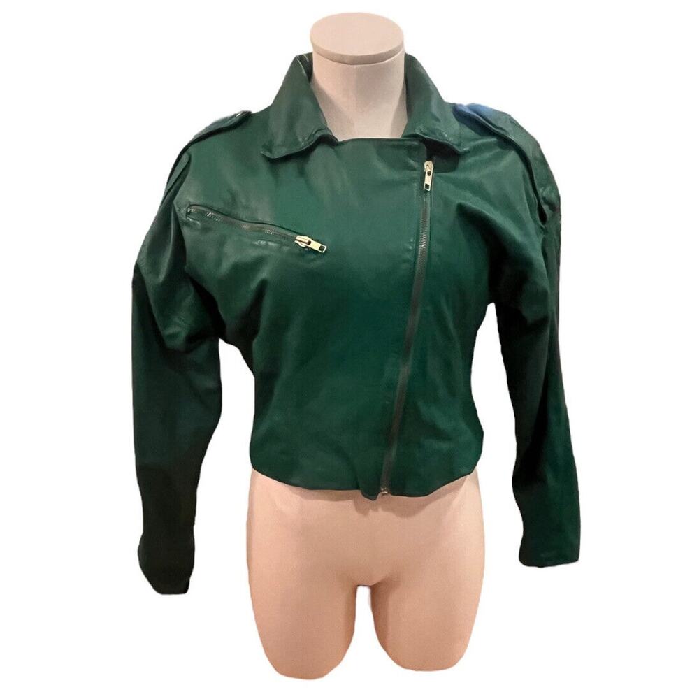 Women's 1980's AVON FASHIONS Kelly Green Leather Jacket Size 11/12. Biker Moto